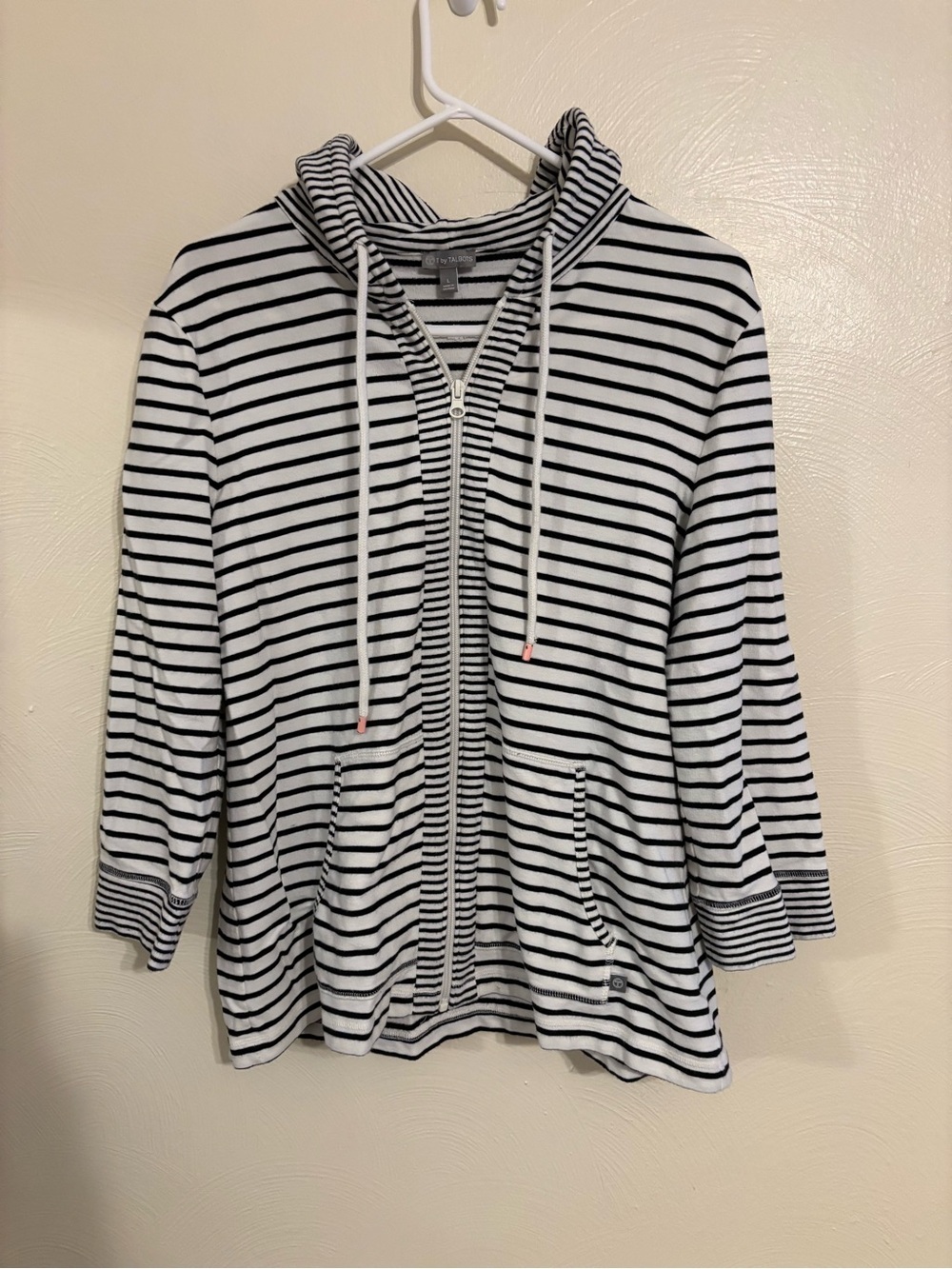 Talbots T Striped Zip Hoodie Large Black White Cotton